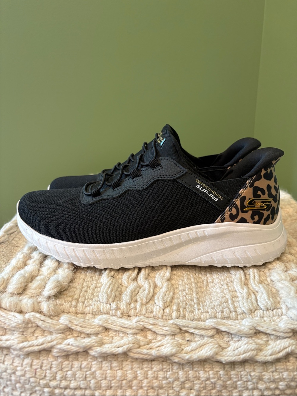 Skechers Men’s Black Slip-On Sneakers with Leopard Heel Detail - Picture 3 of 6